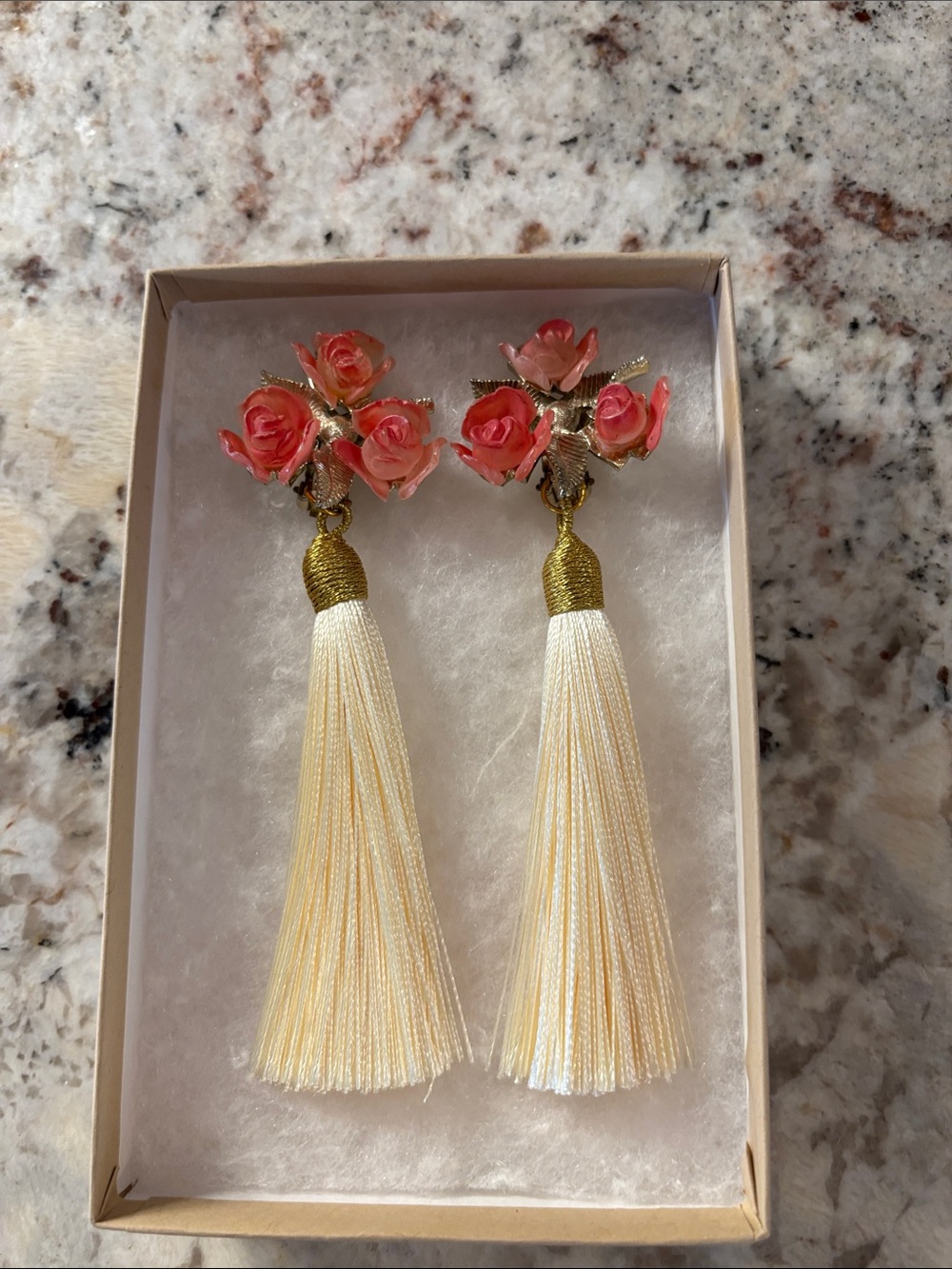 Floral Pink Rose Tassel Drop Earrings